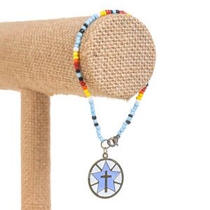 Handmade Beaded Bracelet with Cross Pendant Faith Christian Blue Yellow
